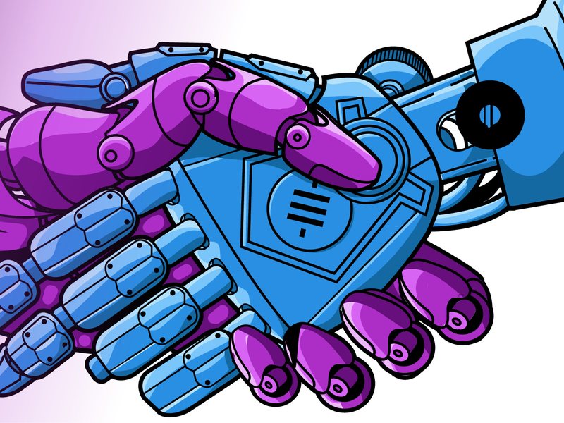 Ilustración de RoboSats: dos manos robóticas estrechándose